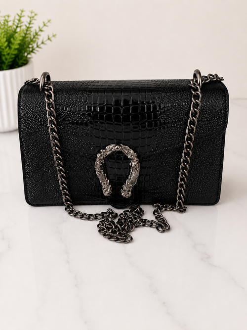 Luxury Crocodile-Embossed Chain Shoulder Bag – Black