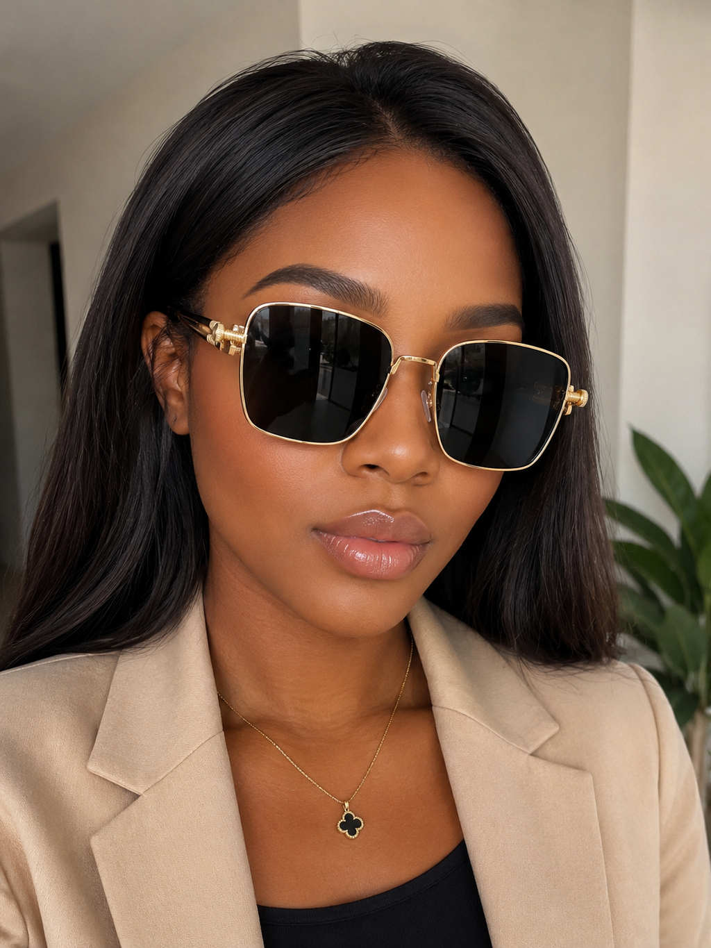 would be:

Model wearing gold square-frame sunglasses with black lenses, showcasing stylish unisex fashion eyewear.