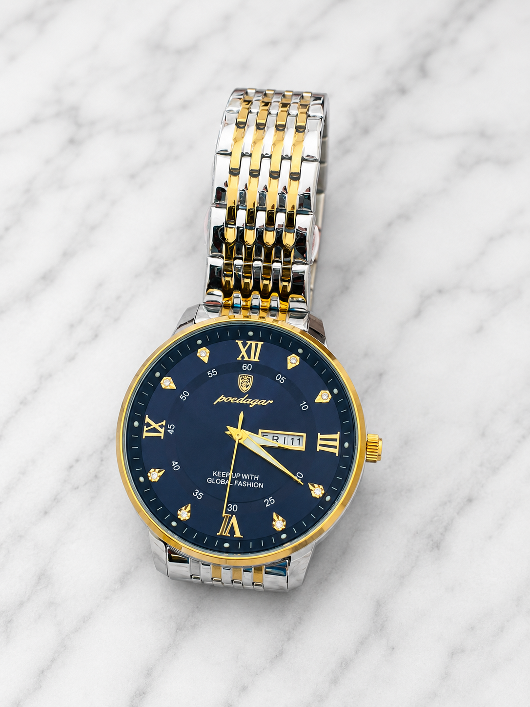 Poedagar Men’s Luxury Quartz Wristwatch – Two-Tone Stainless Steel Bracelet, Black Dial