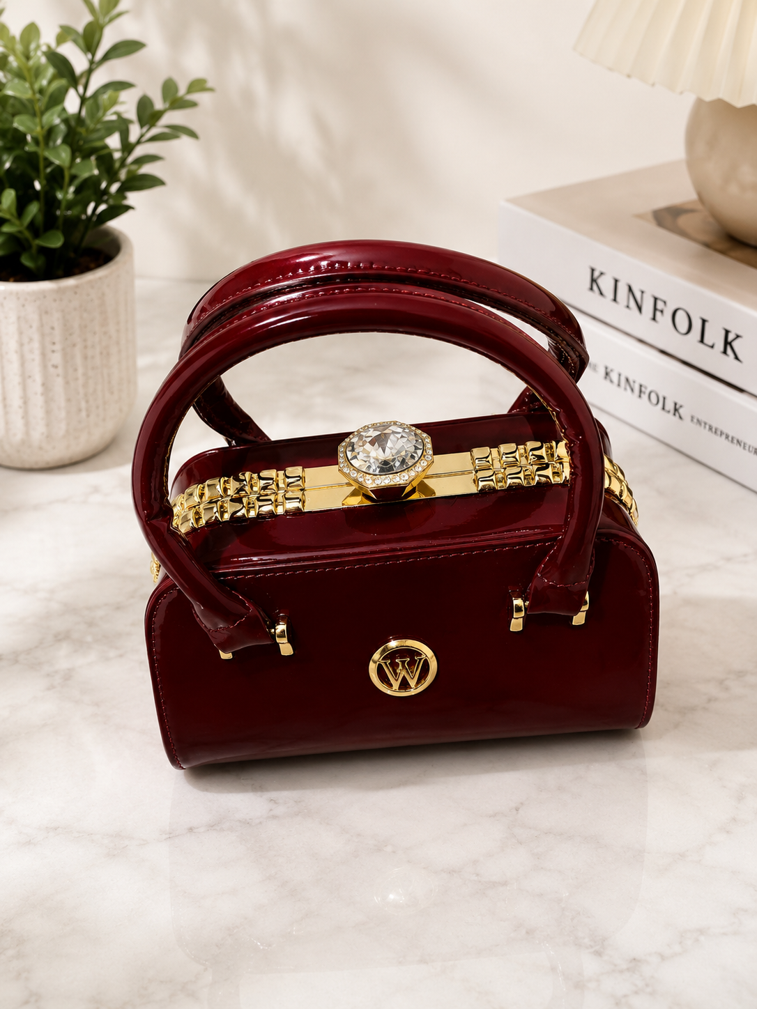 Luxury Patent Leather Top Handle Handbag with Crystal Clasp – Women’s Elegant Evening & Party Bag