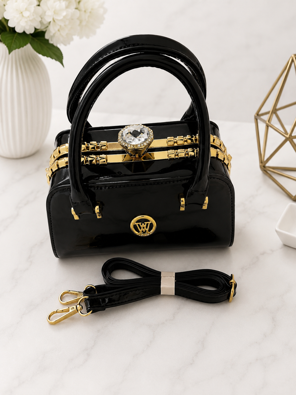 Luxury Patent Leather Top Handle Handbag with Crystal Clasp – Women’s Elegant Evening & Party Bag