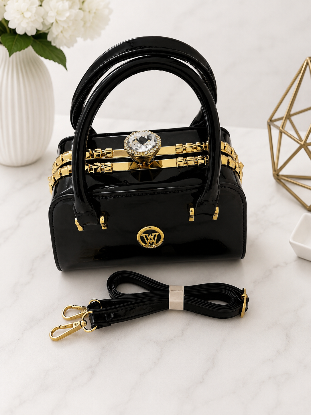 Luxury Patent Leather Top Handle Handbag with Crystal Clasp – Women’s Elegant Evening & Party Bag