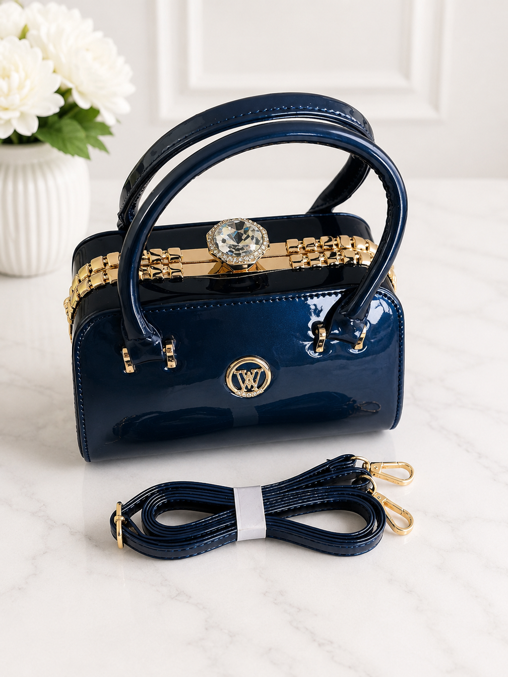 Luxury Patent Leather Top Handle Handbag with Crystal Clasp – Women’s Elegant Evening & Party Bag