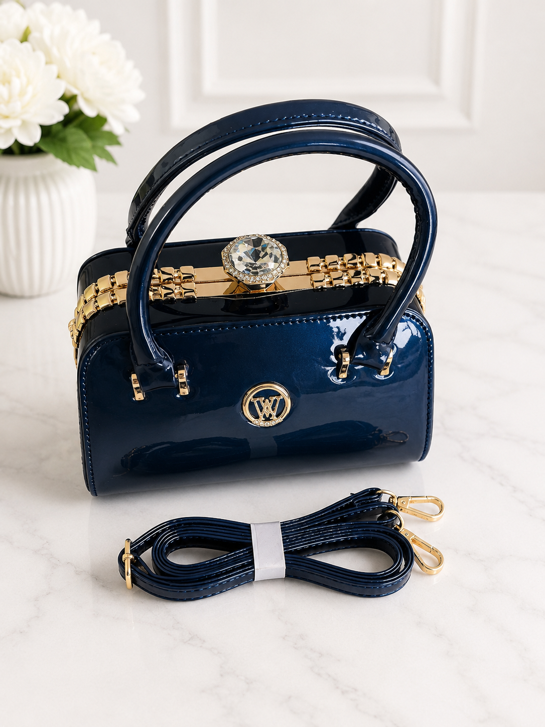 Luxury Patent Leather Top Handle Handbag with Crystal Clasp – Women’s Elegant Evening & Party Bag