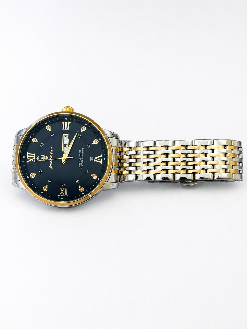 Poedagar Men’s Luxury Quartz Wristwatch – Two-Tone Stainless Steel Bracelet, Black Dial