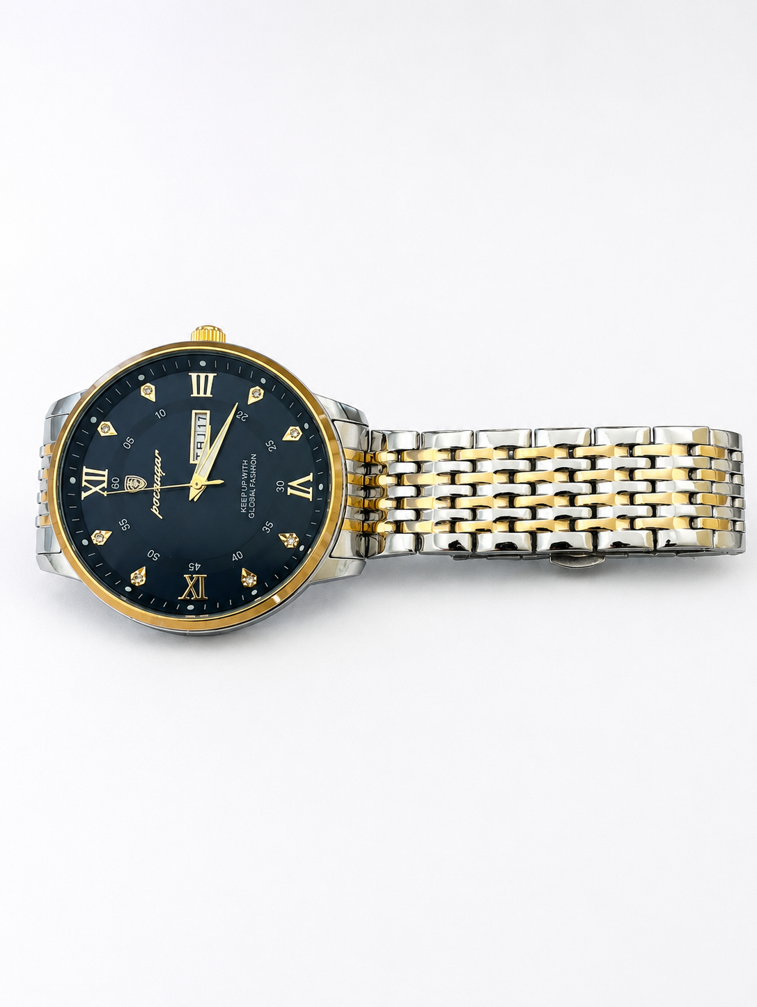 Poedagar Men’s Luxury Quartz Wristwatch – Two-Tone Stainless Steel Bracelet, Black Dial
