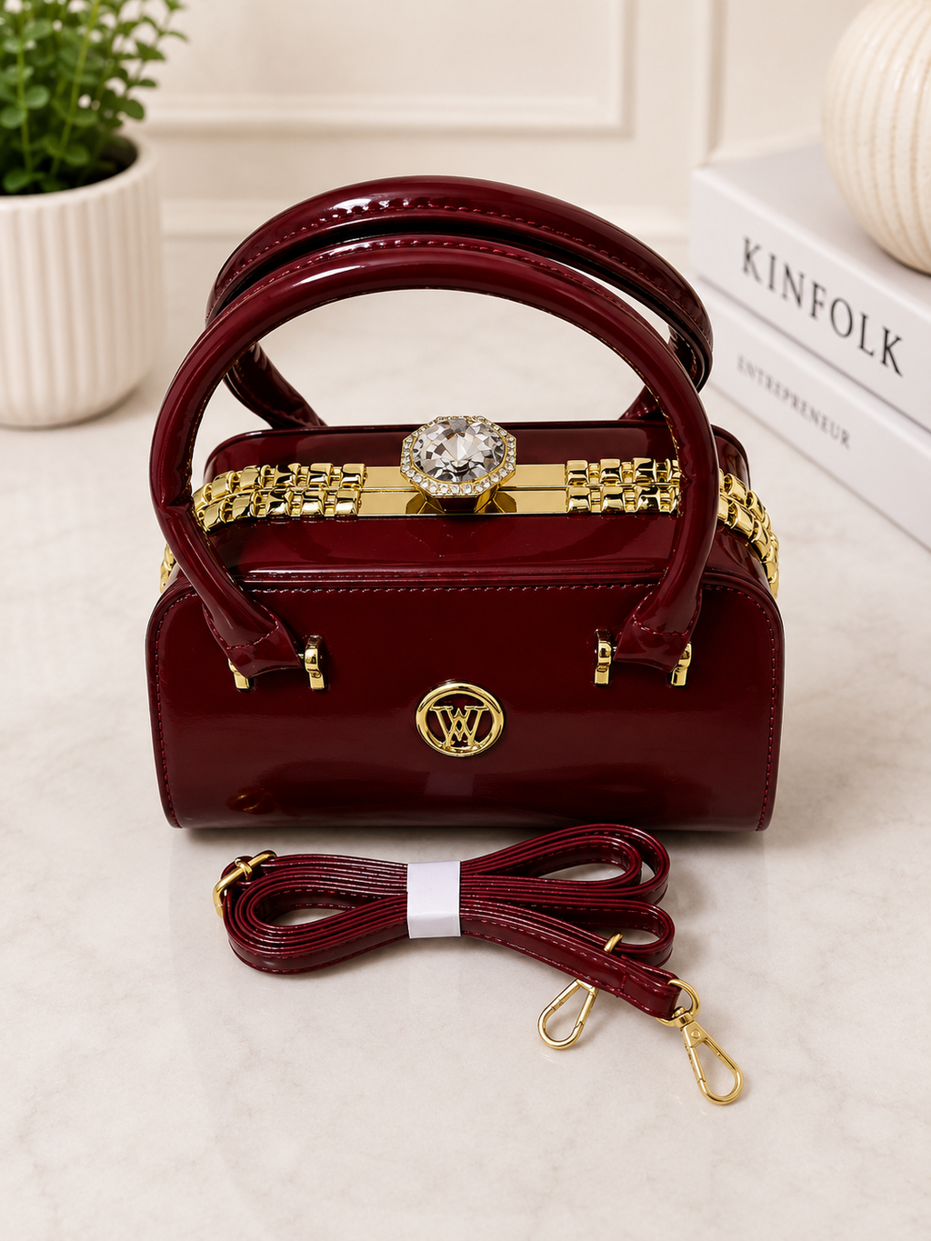 Luxury Patent Leather Top Handle Handbag with Crystal Clasp – Women’s Elegant Evening & Party Bag