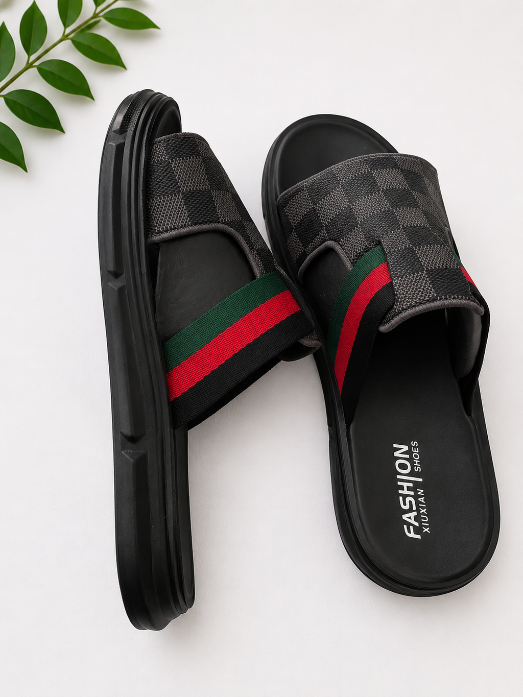 Men’s Premium Checkered Slide Sandals – Grey & Black