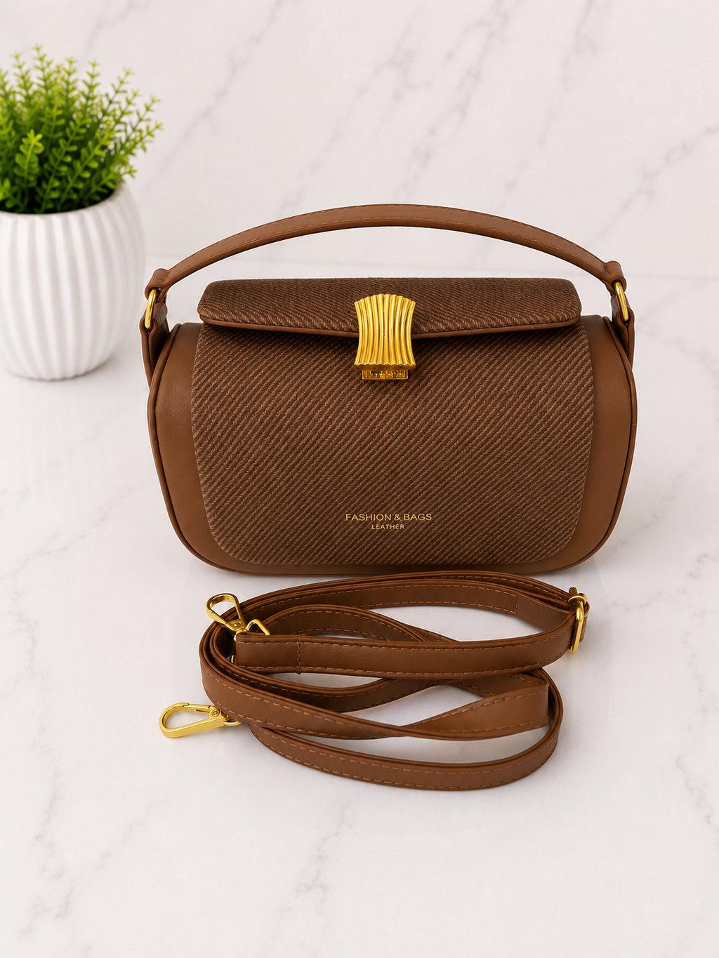 Elegant Textured Brown Top Handle Handbag for Wome