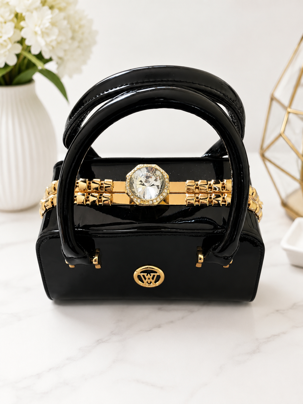 Luxury Patent Leather Top Handle Handbag with Crystal Clasp – Women’s Elegant Evening & Party Bag