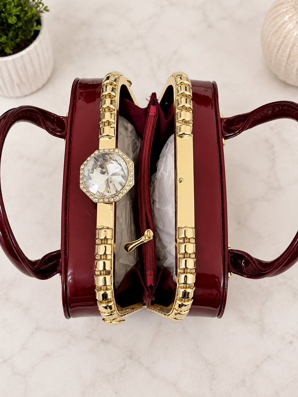 Luxury Patent Leather Top Handle Handbag with Crystal Clasp – Women’s Elegant Evening & Party Bag