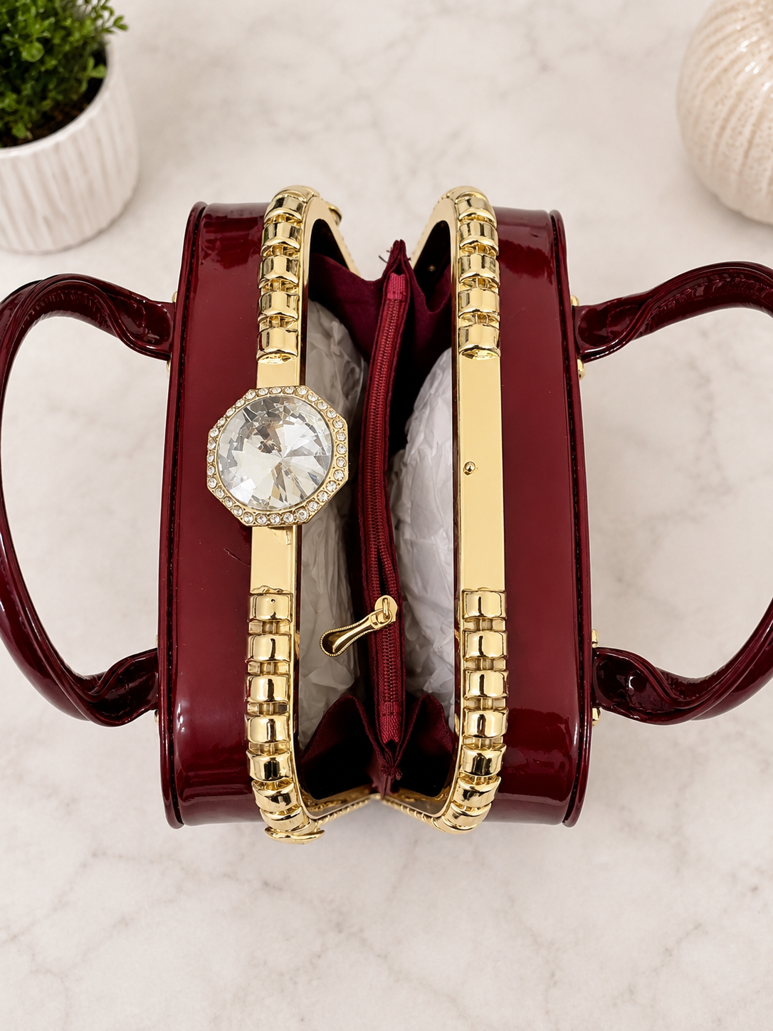 Luxury Patent Leather Top Handle Handbag with Crystal Clasp – Women’s Elegant Evening & Party Bag