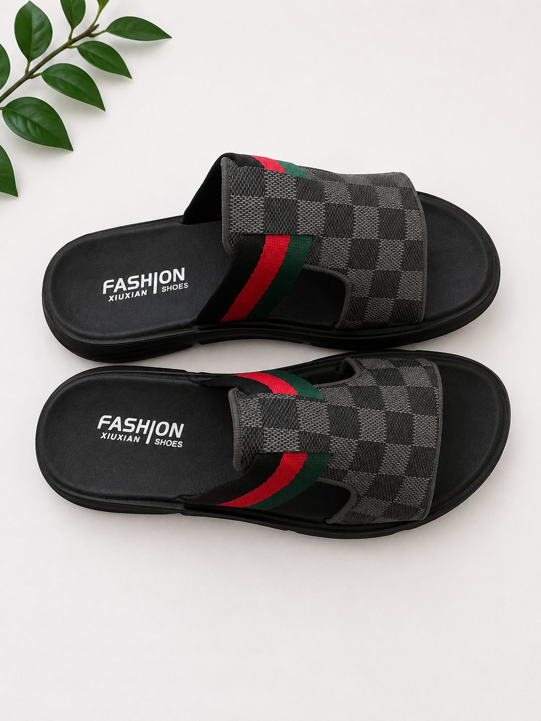 Men’s Premium Checkered Slide Sandals – Grey & Black