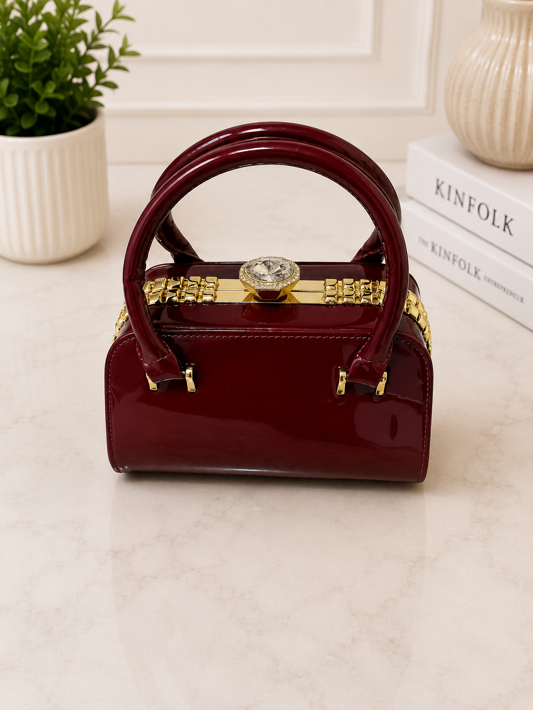 Luxury Patent Leather Top Handle Handbag with Crystal Clasp – Women’s Elegant Evening & Party Bag