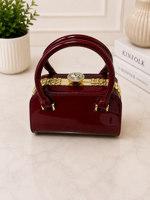 Luxury Patent Leather Top Handle Handbag with Crystal Clasp – Women’s Elegant Evening & Party Bag