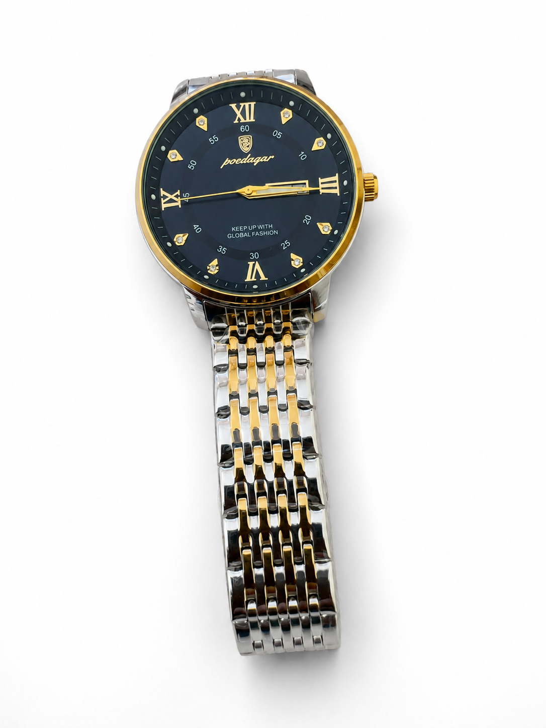 Poedagar Men’s Luxury Quartz Wristwatch – Two-Tone Stainless Steel Bracelet, Black Dial