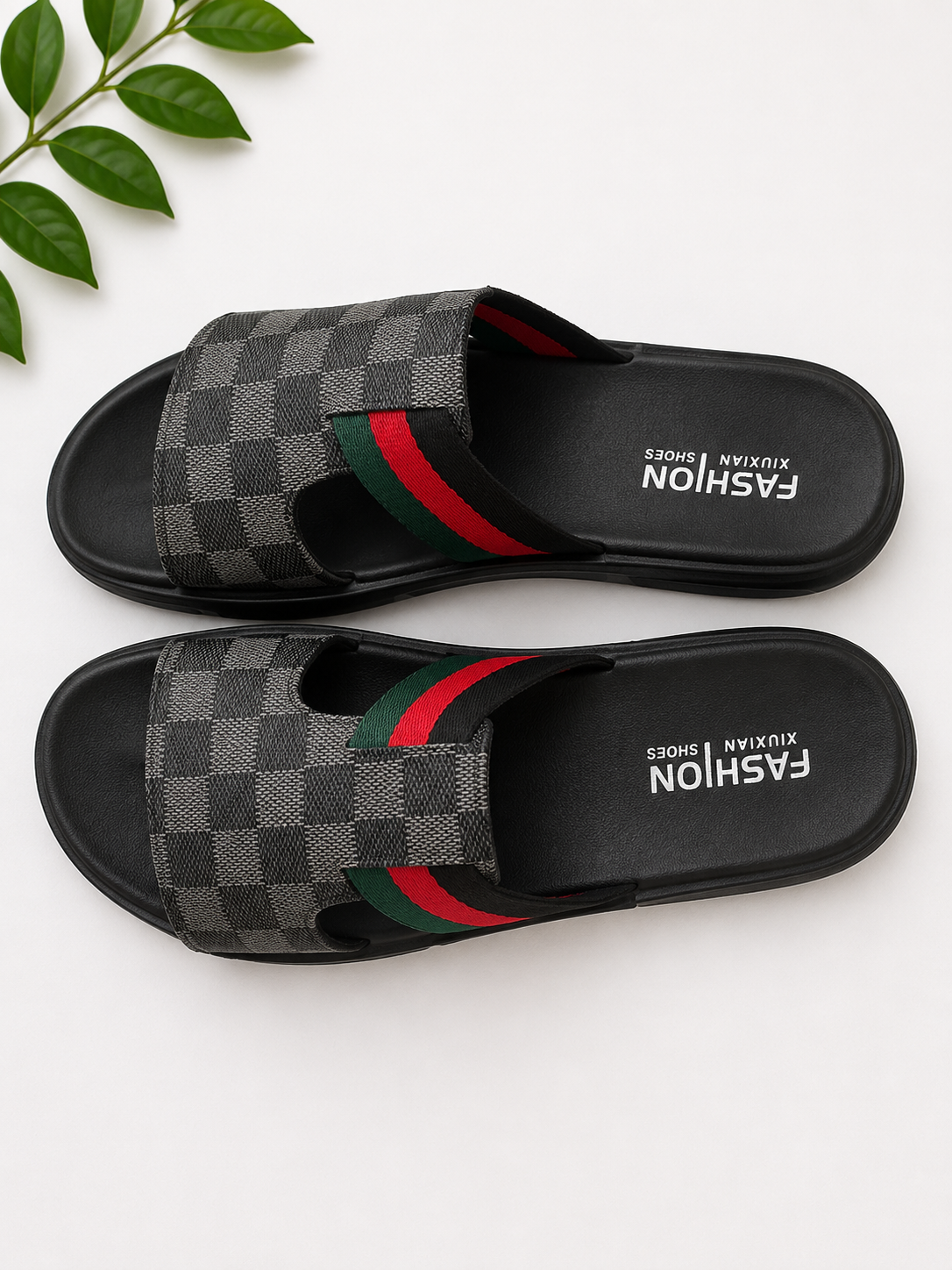 Men’s Premium Checkered Slide Sandals – Grey & Black