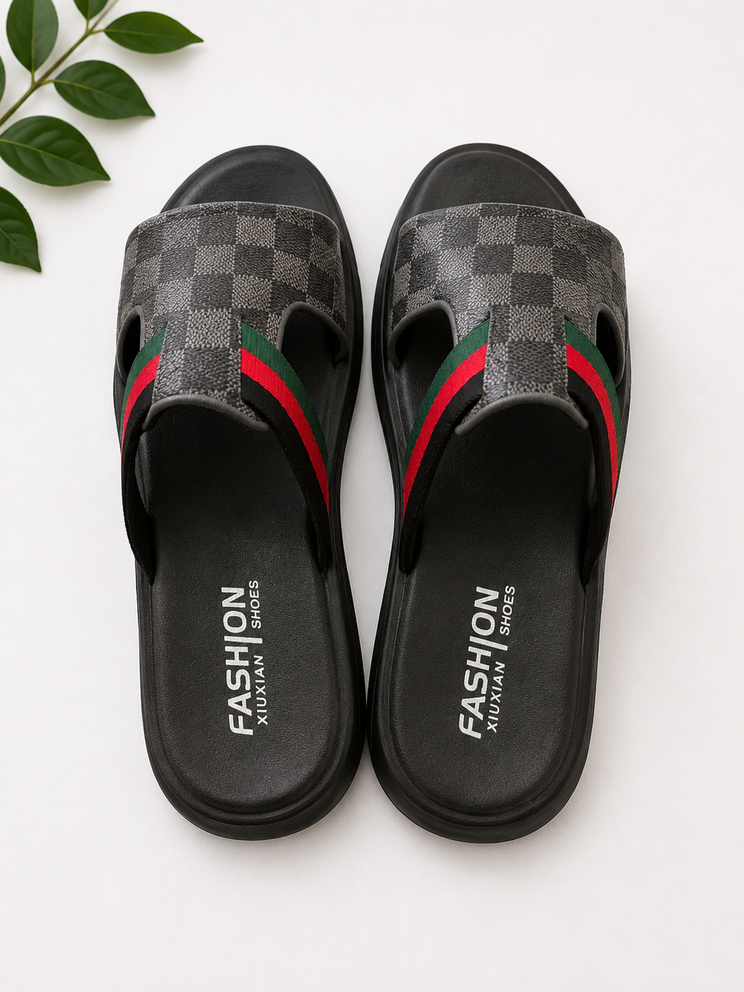 Men’s Premium Checkered Slide Sandals – Grey & Black