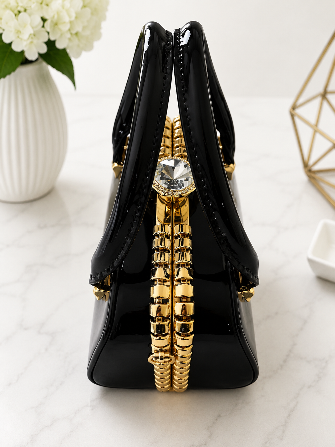 Luxury Patent Leather Top Handle Handbag with Crystal Clasp – Women’s Elegant Evening & Party Bag