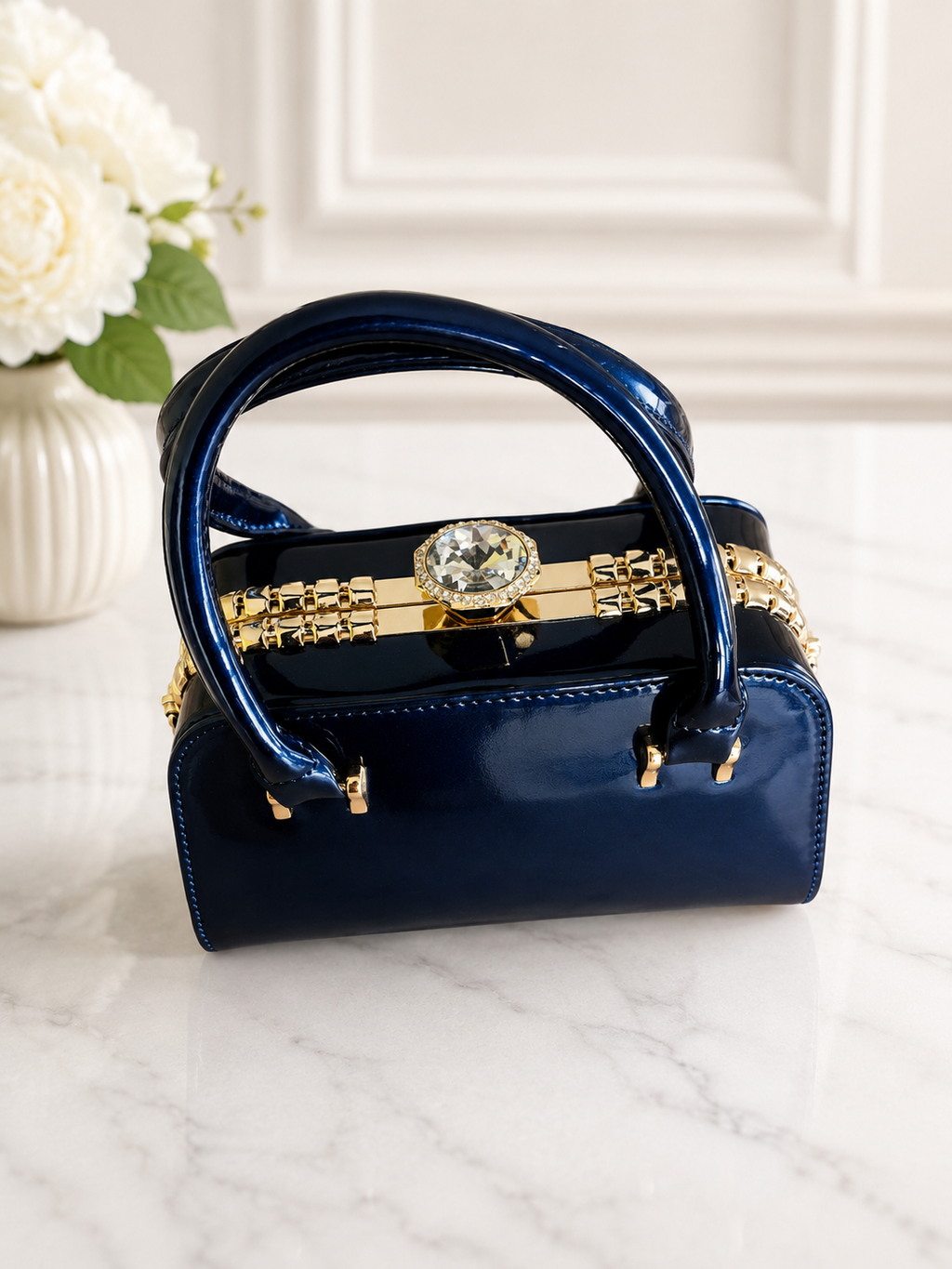 Luxury Patent Leather Top Handle Handbag with Crystal Clasp – Women’s Elegant Evening & Party Bag