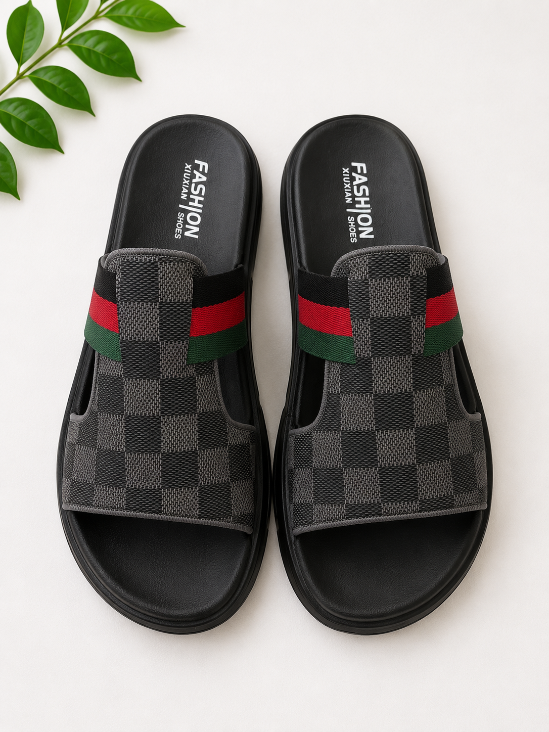 Men’s Premium Checkered Slide Sandals – Grey & Black